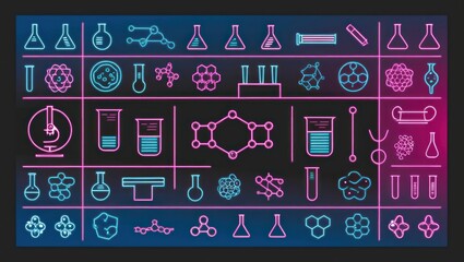 Neon Icons Illustrate Chemistry Lab Equipment and Molecules
