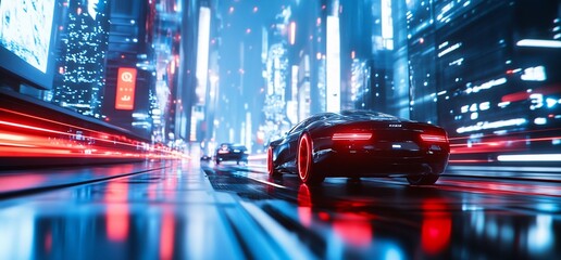 Futuristic cityscape with neon-lit cars racing through a vibrant urban environment.