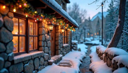 Christmas Lights on Old Cottage with Snowy Landscape