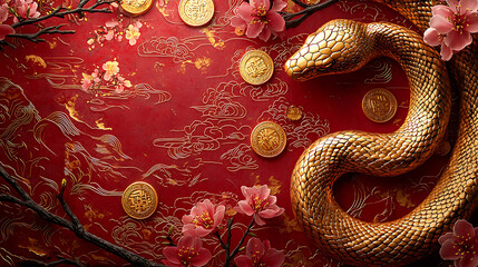 golden snake gracefully slithering among blooming flowers and coins