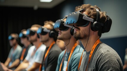 Participants wearing advanced virtual reality headsets engage deeply in a cutting-edge technology event, showcasing their fascination and excitement during the experience