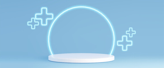 Minimalist 3d white cylinder podium with glowing neon circle arch and crosses on light blue background. Medical plus symbols around platform. Health care pharmaceutical product presentation displays.