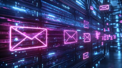 Obraz premium A computer screen with many emails displayed in neon colors