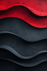 A dark background with red and black wave textures. 