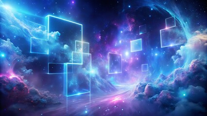 Obraz premium Ethereal Cubes Float in a Cosmic Nebula, Illuminated by Glowing Stars and Gaseous Clouds