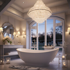 Luxurious Bubble Bath in Elegant and Sophisticated Bathroom Interior Design with Grand Chandelier