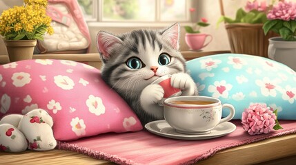 Adorable kitten enjoying tea time nestled in pillows.