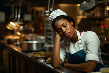 Tired chef resting head in hand in a commercial kitchen after a long busy shift