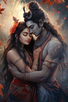 An artistic representation of Lord Shiva and Parvati in a loving embrace, surrounded by divine light ,realistic, very detailed