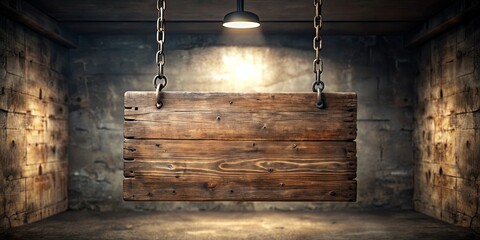 Rustic Wooden Sign Hanging from Chains in a Dark Room with a Single Light Source