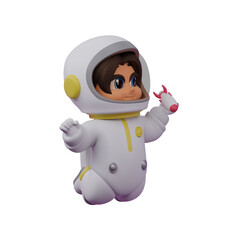 Delightful Baby in Fox Astronaut Suit 3D Model. A chibi astronaut with his knees bent while carrying a rocket ship in his left hand, and his right hand clenched. Cartoon Style
