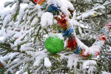 green shiny ball hanging on snowy tree outside