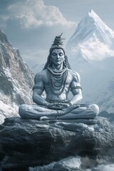 Fototapeta premium Lord Shiva in a meditative pose on Mount Kailash with a serene expression and a backdrop of snow-capped peaks