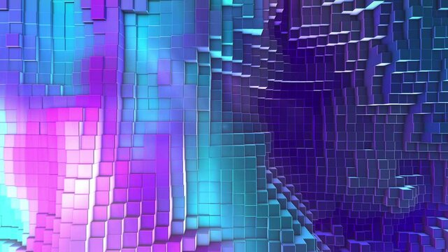 Abstract 3D cubes loop. Shiny blocks affected by fractal turbulence. Pixel sorting. Glitch art. Neon colors. Seamless looping.
