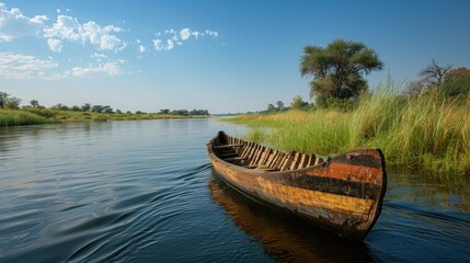 Obraz premium Wooden Canoe on a Serene River