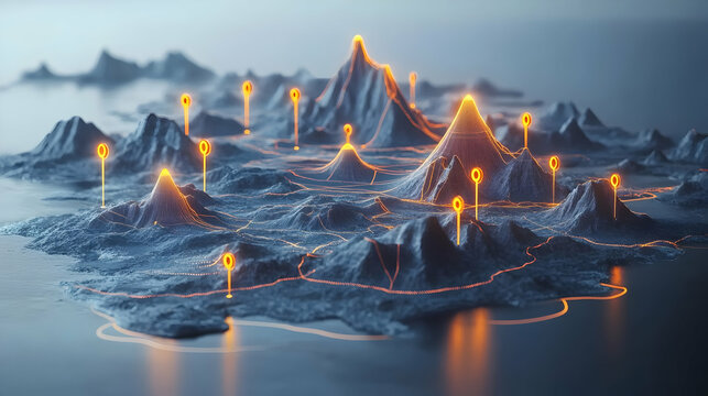 Abstract 3D landscape with glowing peaks and lines.