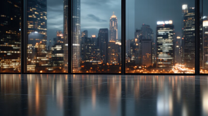Urban skyline view from modern office at dusk showcasing city lights and a reflective floor