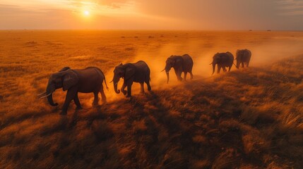 Elephants at Sunset in the African Savanna
