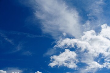 A stunning view of a clear blue sky with soft, white fluffy clouds. This serene nature backdrop evokes tranquility and freedom, making it ideal for conveying peace and inspiration.