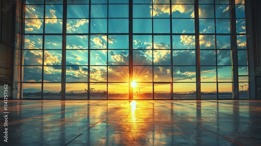 Poster A large window with a view of the sun setting