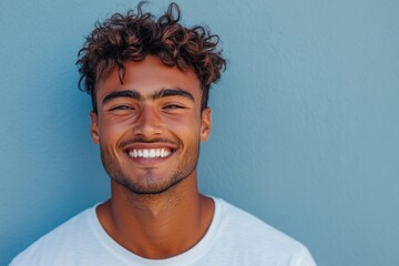 A closeup portrait of a smiling young man with curly brown hair. His wearing a white t shirt against a muted blue background