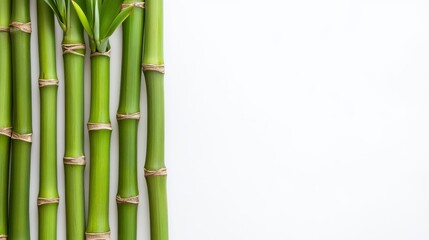 Fototapeta premium Fresh green bamboo stalks arranged against a light background, symbolizing growth, tranquility, and natural beauty.