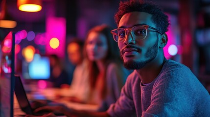 Obraz premium Under colorful lighting, a focused young man works intently on his laptop while others enjoy the lively ambiance at a trendy cafe. The energy is palpable as night unfolds
