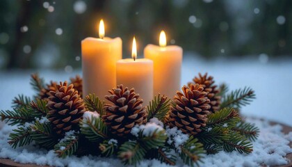 Advent Wreath with Lit Candles in Snowy Woodland
