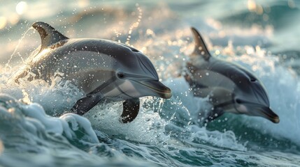 Obraz premium Two Dolphins Leaping Through Waves