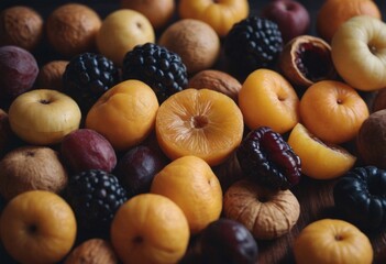 AI generated mix of different fruits and berries on wooden background. Selective focus.