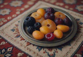 AI generated plate with different fruits on the table. Selective focus.