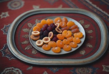 AI generated variety of dried fruits on a silver plate. Selective focus.