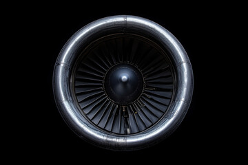 Jet engine on black background, detailed metallic components visible, sleek and powerful design, contrast enhancing its intricate structure.