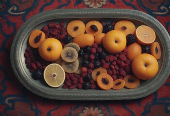 AI generated mix of fruits, dried fruites and berries in a metal tray. Toned.