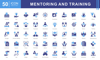 Mentoring and Training icon collection set. Containing development, learning, workshop, coach, mentor, curriculum, seminar icon.