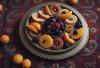 AI generated variety of fresh fruits on a vintage tray, selective focus.