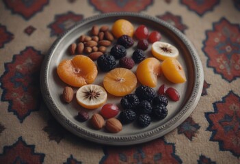 AI generated mix of dried fruits on a plate, placed on a carpet, selective focus. Toned.