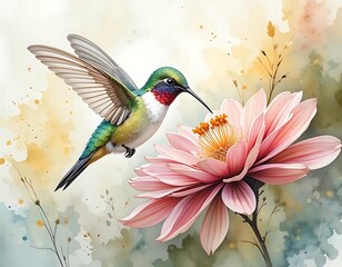 Obraz premium Watercolor A hummingbird hovering over a blooming flower