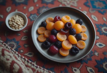 AI generated dried fruits on a plate on a carpet. Healthy food. Selective focus.