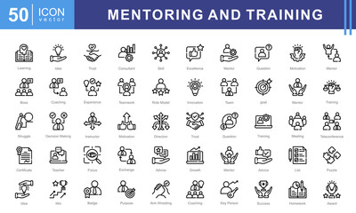 Mentoring and Training icon collection set. Containing development, learning, workshop, coach, mentor, curriculum, seminar icon.