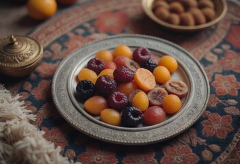 AI generated mix of dried fruits in an ancient metal plate on the table with carpet. Selective focus.