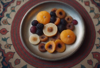 AI generated fruits on a plate, close-up, selective focus.