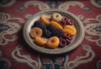 AI generated mix of dried fruits on a vintage plate. Selective focus. Toned.