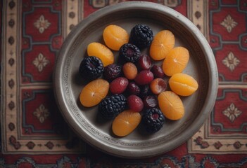 AI generated mix of fruits in a plate on oriental background. Toned.