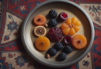 AI generated fruit mix in a bowl. Orange, blackberry, grapefruit