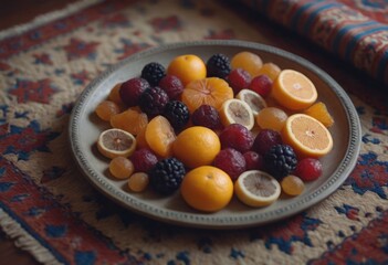AI generated various types of fruit in a plate on a rustic background