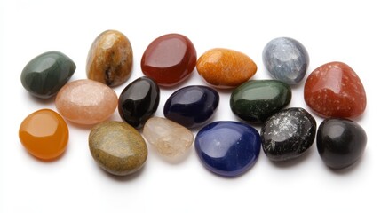 Naklejka premium A collection of colorful, polished gemstones arranged on a white background, showcasing a variety of shapes, sizes, and hues.