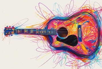 Guitar in chaotic wax crayon drawing style on white background