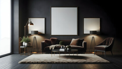 Frame Blank Framed Wall Art Mockup in a dark living room with plush rug and floor lamps1