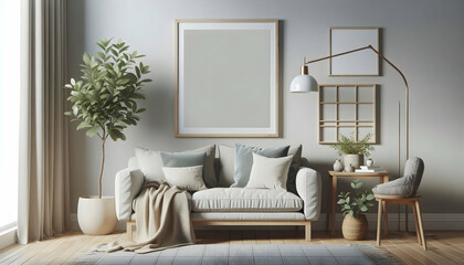 Frame Blank framed poster with a natural wood frame hanging on a wall in a Scandinavian-inspired living ro3
